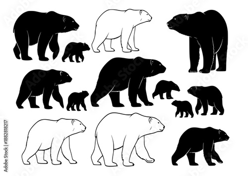 Polar bear silhouettes set, bear pack of vector silhouette design, isolated background
