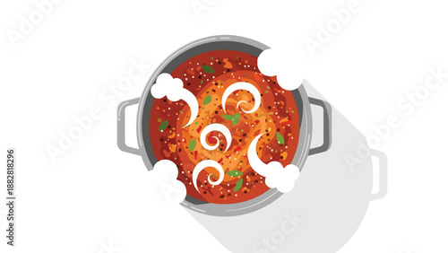 Vibrant illustration of a hot, flavorful meal simmering in a sleek pot, showcasing rich ingredients and aromatic steam, embodying wholesome, freshly