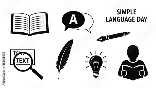 Black and White Simple Language Day Concept with Book Speech Bubble and Ideas
