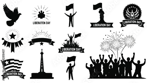 Black and white liberation day celebration symbols and set
