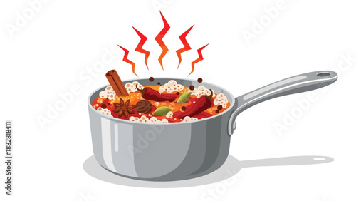 Vibrant illustration of a steaming hot spicy dish cooking in a pot with exotic whole spices