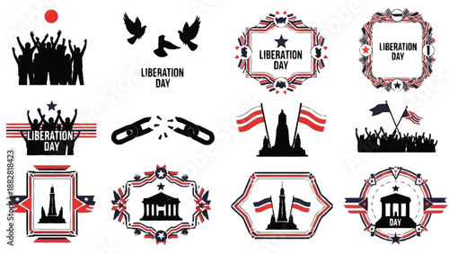 Black and red liberation day celebration with flags and monuments white