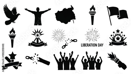 Black and white liberation day celebration symbols and