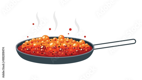 Hot bubbling red sauce simmering in a sleek cooking pan with rising steam. A vibrant culinary illustration for food preparation visuals and kitchen