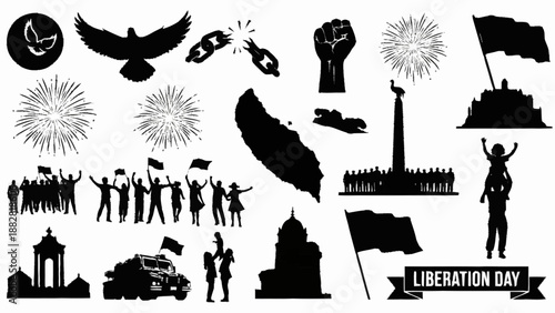 Black and white liberation day celebration with symbols and people