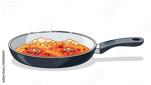A vibrant cartoon illustration of a bubbling hot culinary creation simmering in a sleek non-stick frying pan, depicting delicious preparation with