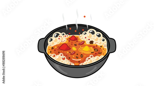 A vibrant cartoon illustration showcasing a delicious, intensely bubbling and steaming hot pot filled with rich, savory ingredients and exotic