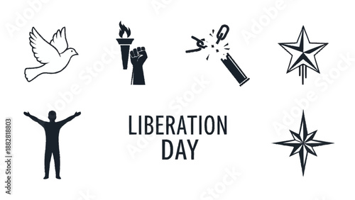 Black and white liberation day symbols with text and dove torch