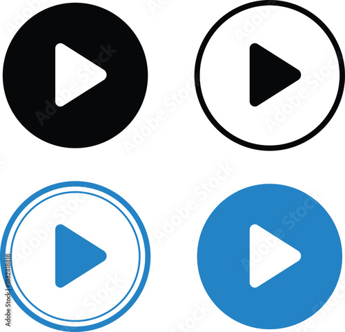 Four play button in black white and blue on white background symbol media