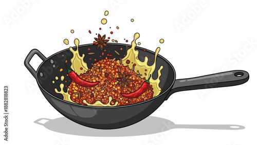 Dynamic illustration of an exciting culinary creation featuring a sizzling wok filled with aromatic spices, red chilies, and flavorful ingredients