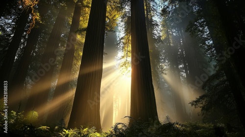 Sunlight Dances Through Redwood Trees in a Misty Forest