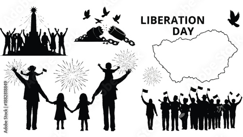 Black and white of people celebrating liberation day with fireworks and broken chains