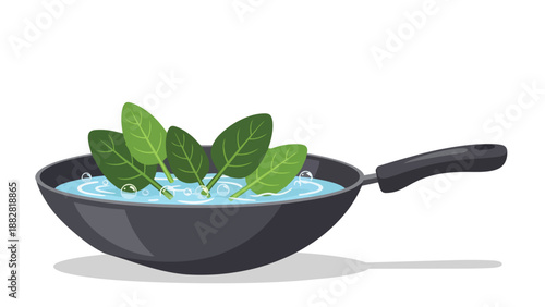 Fresh green leaves gently bubbling in a wide cooking pan, illustrating simple and healthy vegetable preparation.