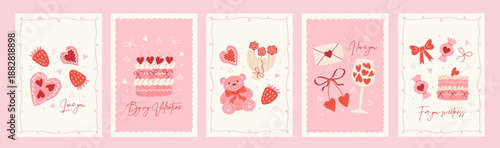Coquette girly greeting cards for Valentine's Day. Hand drawn whimsical frames, cute bows and ribbons, sweet cake, decorative hearts, strawberry, toy bear, cherry, bouquet of roses.