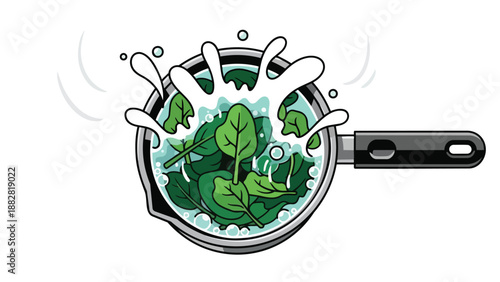 A crisp illustration of vibrant green leafy vegetables, possibly spinach, submerged and actively swirling in clear water inside a cooking pot,