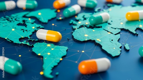 Colorful pills on a world map for medicine distribution