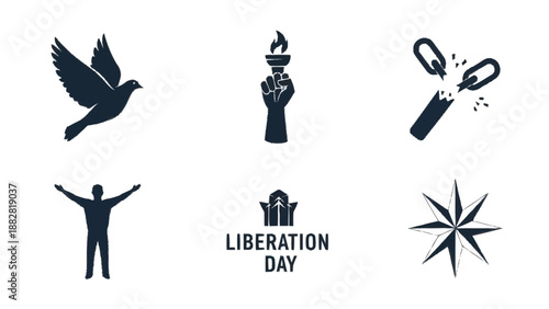 Black and white symbols of liberation day with dove and compass