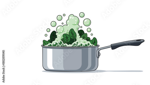 Vibrant green spinach boiling vigorously in a saucepan, creating a frothy, bubbly culinary spectacle on a crisp white background