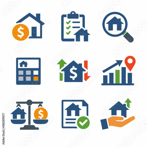 Real estate and financial icons: valuation, investment, analysis, growth, and equity