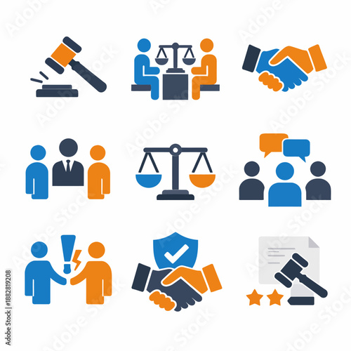 Legal icons set representing justice, agreement, and communication