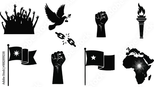 Black and white symbols of unity and freedom with raised fists and flags