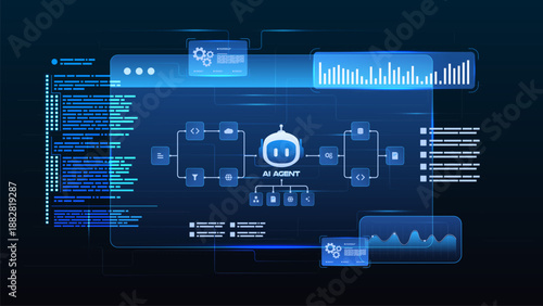 AI workflow automation artificial intelligence. ai agent network diagram dashboard machine learning with analytic panels, processing system, coding and automation system.