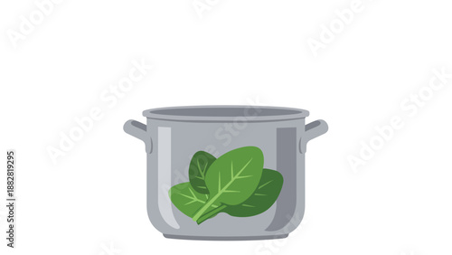 A fresh culinary illustration featuring verdant organic spinach leaves nestled within a gleaming silver cooking pot, ready for wholesome healthy