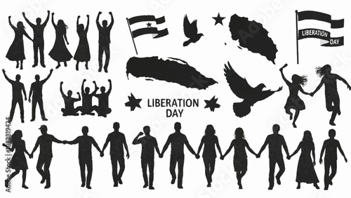 Black silhouettes of people celebrating with flags and birds on liberation day celebration