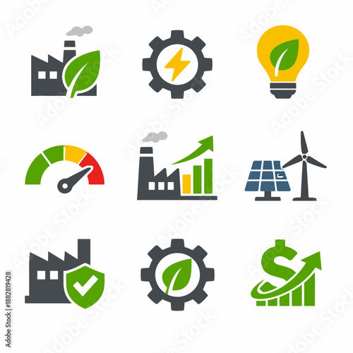 Sustainable energy icons: industry, efficiency, renewable power, eco-friendly growth
