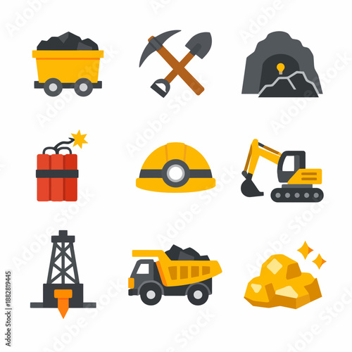 Mining industry icons: tools, equipment, and resources collection