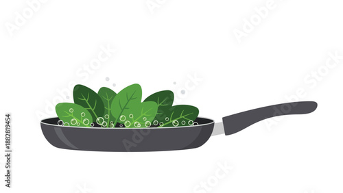 Fresh green spinach sits in a pan with bubbles. This vector art illustrates healthy cooking preparations for nutritious meals. Clean, minimalist