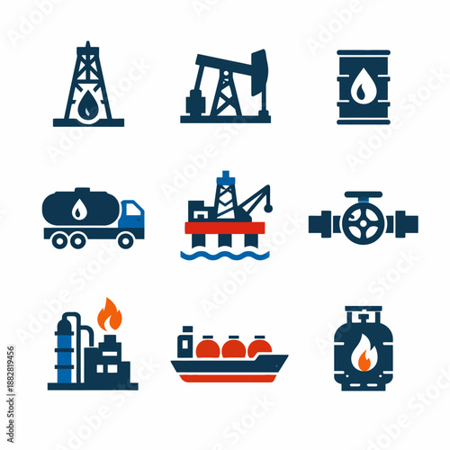 Various oil industry icons including rig, tanker, and pipeline representing energy extraction and transport