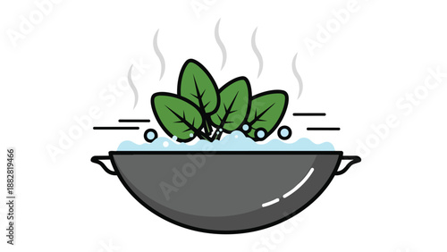 Vibrant green leafy vegetables gently steaming in a bubbling pot, signifying a healthy and fresh cooking process for wholesome meal preparation