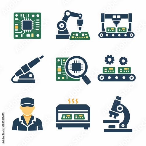 Electronics manufacturing icons: robotics, circuit boards, and engineering tools