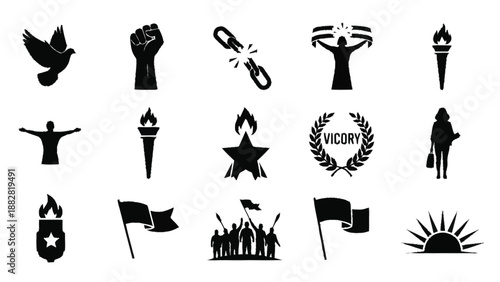 Collection of black and white protest and victory symbols and