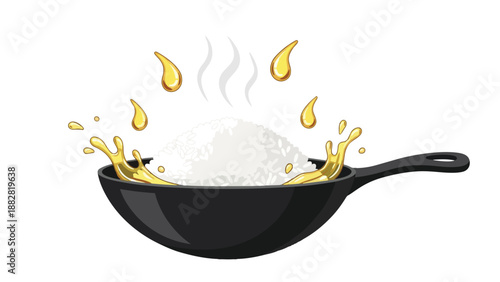 Vibrant illustration of steaming white rice in a dark pan, with energetic golden liquid splashes signifying an active and flavorful cooking