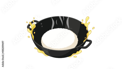Cooking a delicious fluffy white rice dish in a hot wok with golden liquid splashes, portraying a vibrant and fresh culinary preparation scene.