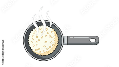 Warm fluffy rice emitting steam from a pan, ready for consumption. This clean graphic represents cooking, food preparation, and hot dishes in a