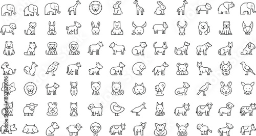 Cute animal line icon mega set featuring wild and farm animals, simple outline illustrations for kids design, education, apps, stickers, logos, patterns, and playful graphic projects