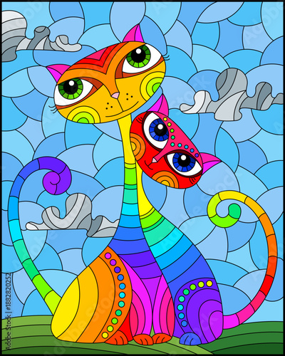 Illustration in stained glass style with a pair of abstract geometric rainbow cats on a blue background with sun 