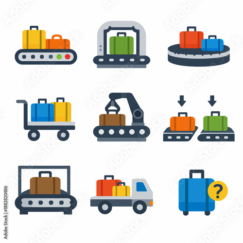 Colorful luggage icons on conveyor belts and transportation systems