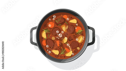 A hearty stew illustration featuring tender meat, golden potatoes, vibrant carrots, and fresh herbs, gently bubbling in a dark pot, overhead view.