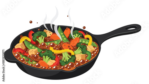 A vibrant illustration of a steaming cast iron skillet filled with colorful vegetables and tofu simmering in a rich, savory sauce ready for a