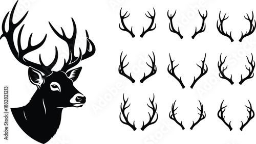 Deer head and antlers silhouette illustration set with multiple horn shapes, black wildlife designs for hunting logos, rustic decor, badges, emblems, and nature graphics