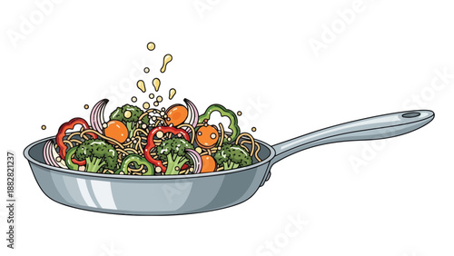 Fresh garden greens and golden noodles dance within a gleaming pan preparing a delightful and wholesome culinary creation full of vibrant flavors