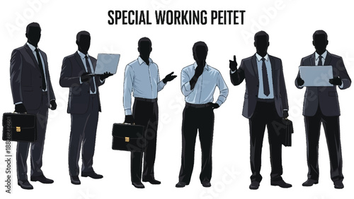 Six businessmen in suits and ties holding laptops and briefcases