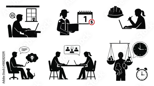 Silhouettes of people working remotely with laptops and managing time and finances