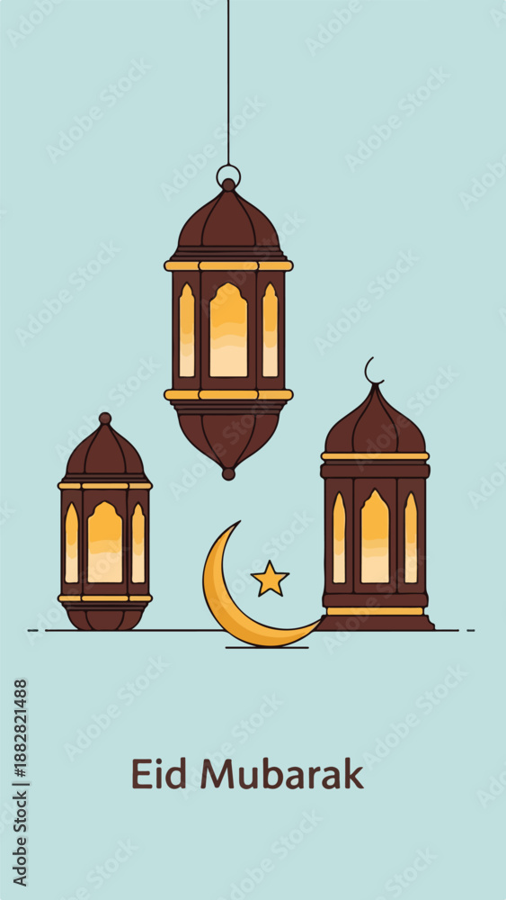 Obraz premium Decorative Eid Mubarak greeting with hanging lanterns, crescent moon and star on a light blue background.