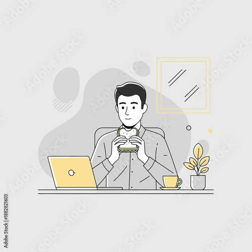 Contemporary Professional's Lunch Break: Illustration of Focused Person Enjoying a Sandwich at Desk