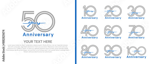 anniversary logo set with handwriting. grey and blue color on white background for celebration moment